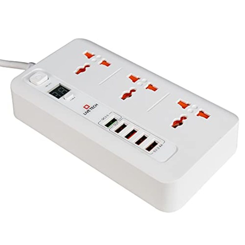 Live Tech Power Charge 2 Inbuilt Timer Plug Power Strip 3 Socket 5Usb 5 Way Usb 1 Usb Qualcomm Extension Cord Surge Protector Board Switch Control With Child Safety Door Protection (White)