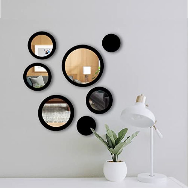 Vah-Kya Bat Hai !! Wall Art Round Black Frame Wall Mirror Sticker For Living Room, Bed Room, Bath Room, Wash Basin, Make Up Vanity, Styles Design Gift For Best Friend, Her, Him ( Pack Of 7 Wall Mirror Sticker)