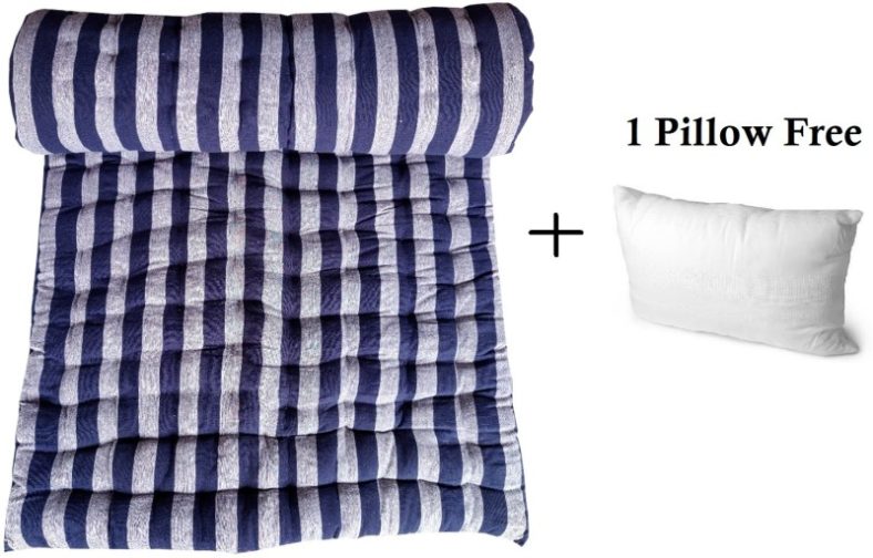 Lbn Soft Cotton Filled Mattress Gadda 3X6 3 Inch Single Cotton Mattress + Pillow Cotton Stripes Sleeping Pillow Pack Of 1(Blue, White)