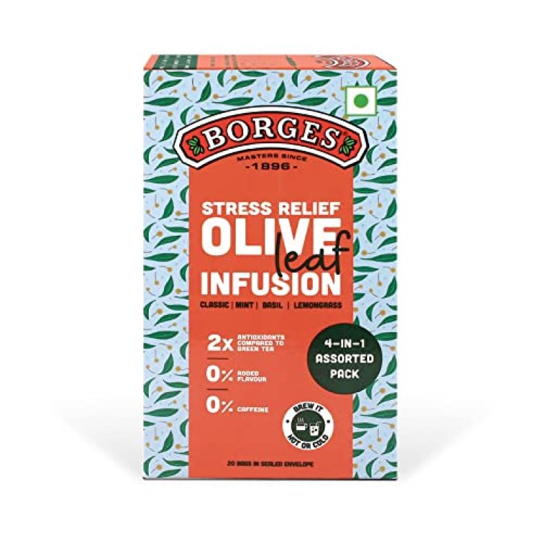 Borges Stress Relief Olive Leaf Infusion Tea- Assorted Pack | 2X Antioxidants Than Green Tea, No Caffeine, No Added Flavour – 20 Herbal Bags