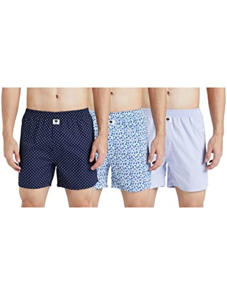 Amazon Brand – Symbol Men’S Cotton Underpants Regular All Over Print Boxer Shorts (Pack Of 3) (Symbxpo2-11&41_Multicolor_2Xl_Navy, White, Sky Blue