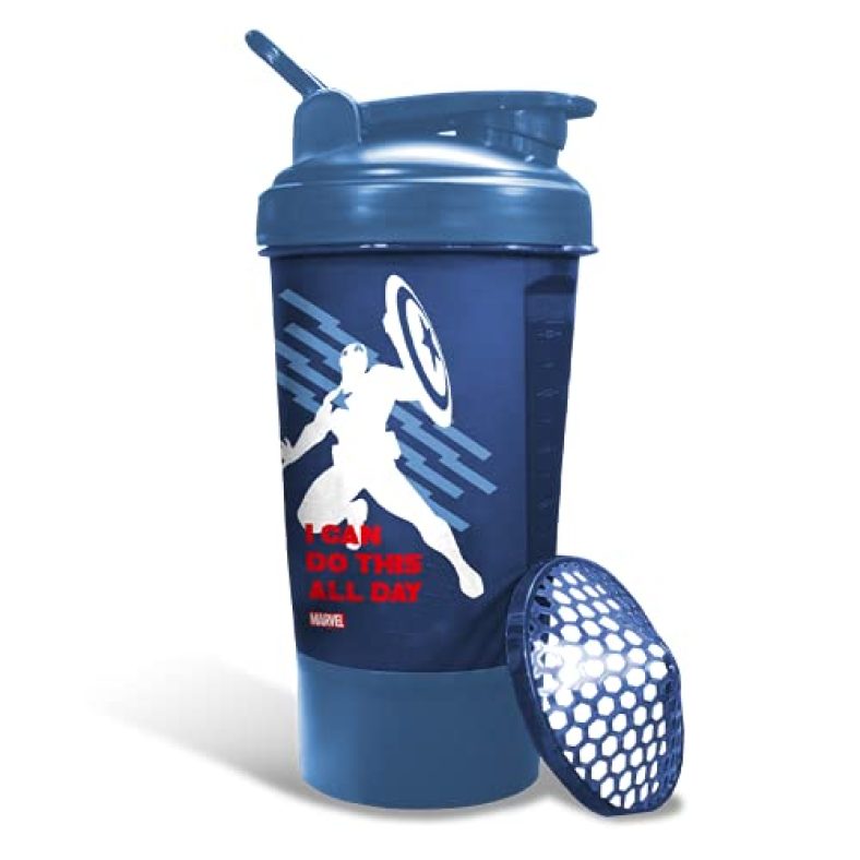 Powermax X Marvel Msb-6S Captain America Marvel Edition Shaker Bottle 600Ml, 100% Leakproof Guarantee Sipper Bottle Ideal For Protein, Pre-Workout And Bcaas, Bpa Free Material, Plastic (Blue)