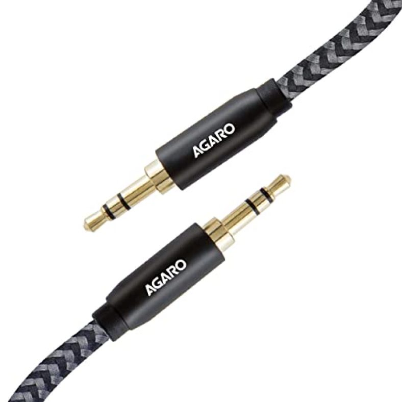 Agaro 3.5Mm Audio Cable Nylon Braided 24K Gold Plated Aux Cord Male To Male Stereo Hi-Fi Sound For Headphone, Tablets, Smartphone, Media Players & More 2M/ 200Cm/ 5.6 Ft, Silver & Black, (33667)