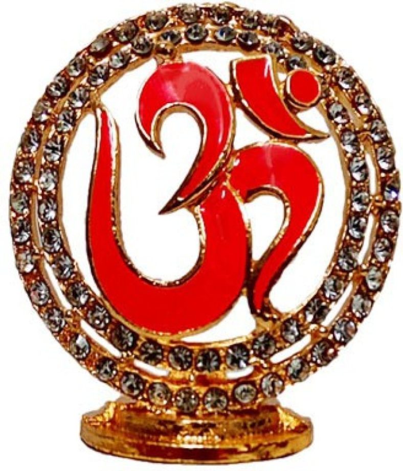 Fabzone Gold Plated With Stones Om Sign Car Dashboard Idol Statue Om Symbol Spritual Puja Vastu Figurine – Religious Pooja Gift Item & Murti For Mandir / Temple / Home Decor / Office Decorative Showpiece  –  4 Cm(Brass, Orange)