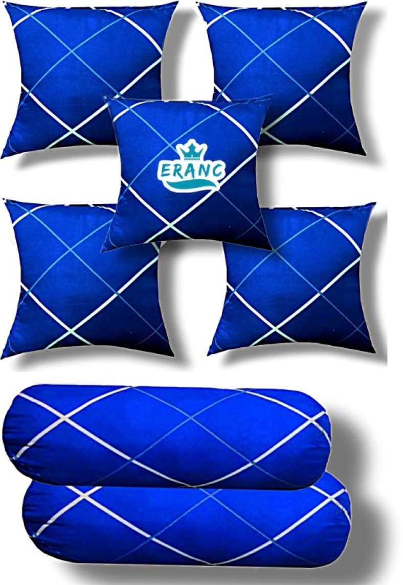 Villagers Combo Set Of 5 Cushion 2 Bolsters Polyester Fibre Abstract Cushion Pack Of 7(Blue)