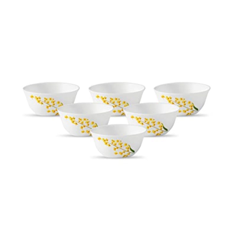 La Opala Diva, Ivory Collection, Opal Glass Vegetable Bowl Set 6 Pcs, Yellow Grace, White