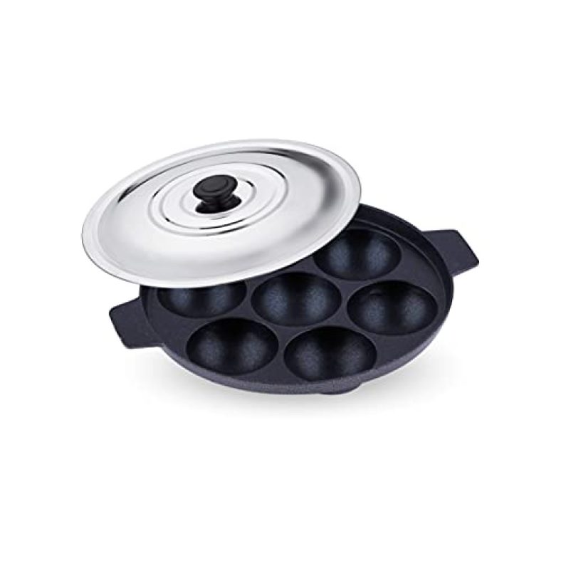 Attro Non-Stick Heavy Duty 7 Cavity Aluminium Appam Patra Paniyarakkal With Two Side Handle, Steel Lid & Wooden Picker (Black)