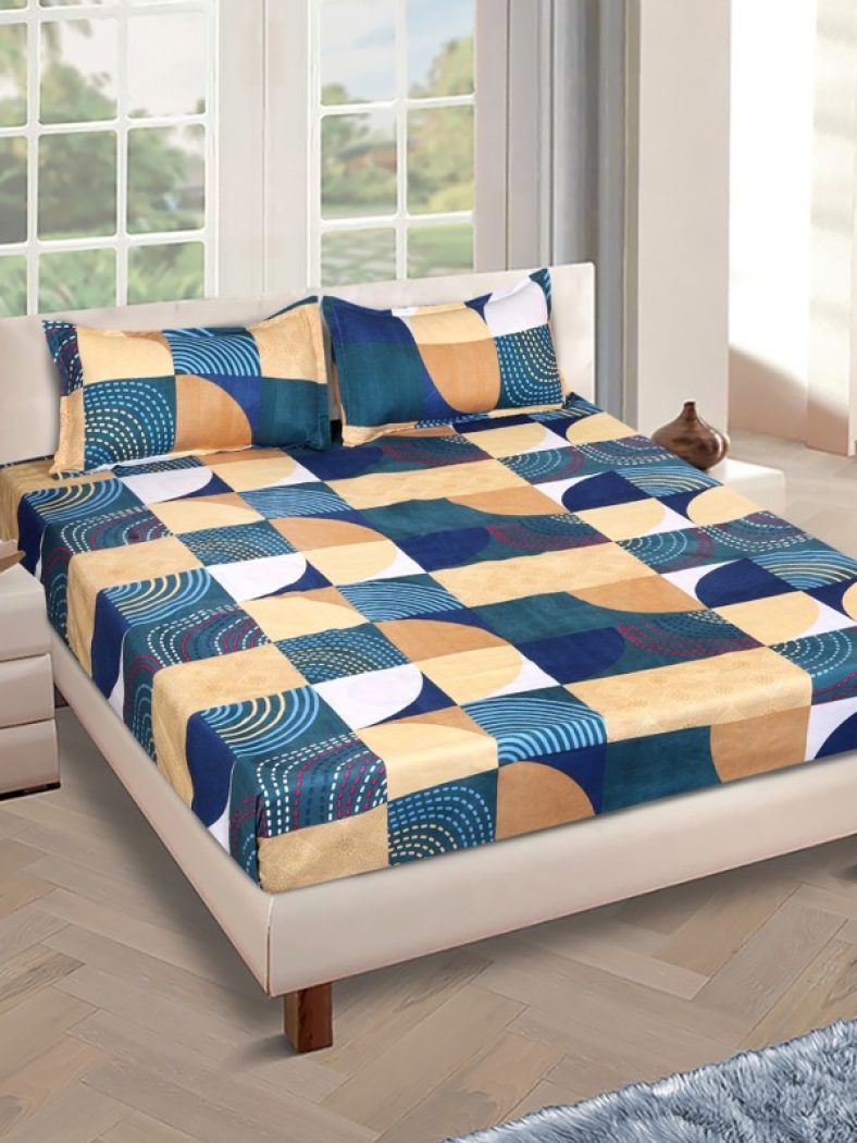 Romee 144 Tc Polycotton Queen Geometric Flat Bedsheet(Pack Of 1, Blue & Beige)