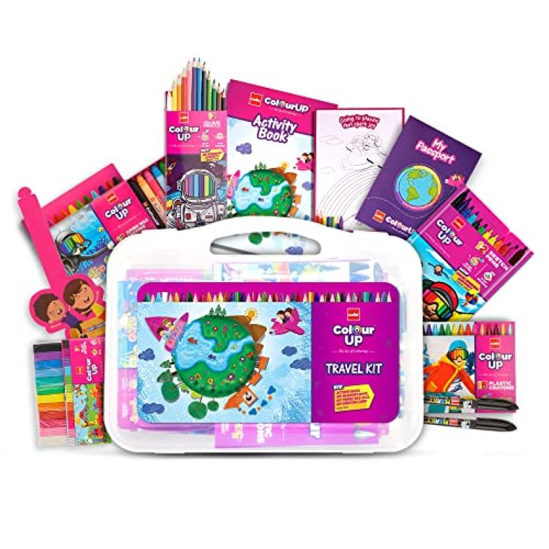 Cello Colour Up Travel Kit |Unique Concept Pack | Crayons, Colour Pencils, Clay, Sketch Pens, Markers | Fun Travel Themed Activities | Kids Colouring Set, Multicolour | Diwali Gifts