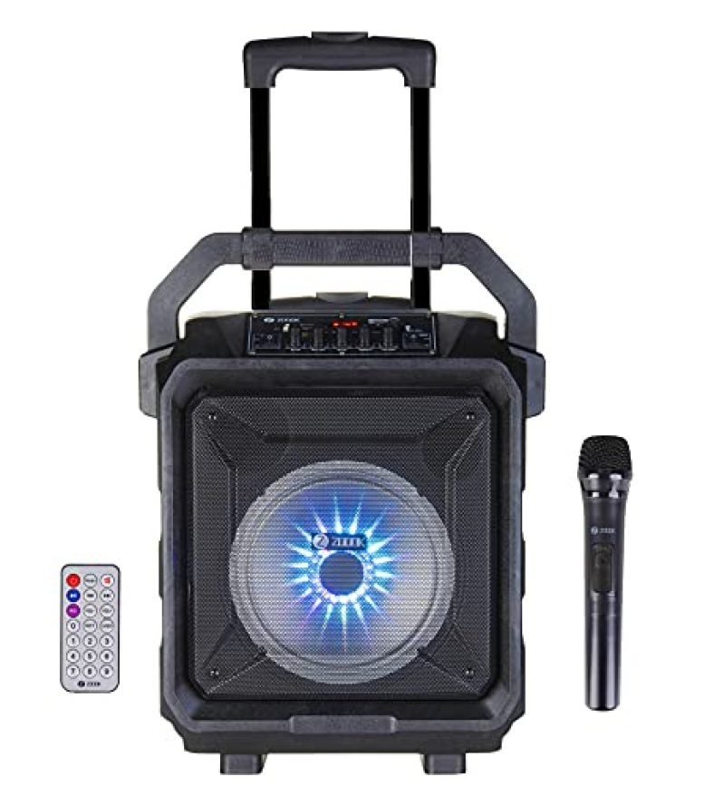 Zoook Rocker Thunder Xl 50 Watts Trolley Karaoke Bluetooth Party Speaker With Remote, Built-In Amplifier & Wireless Mic/8 Inch Driver/Fm/1 Click Recording/Usb And Tf/Led (Black)