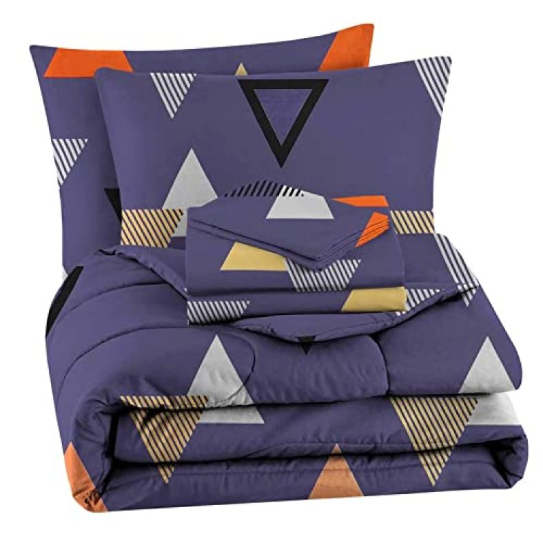 Bsb Home 300 Gsm Cotton Trangle Printed Ac/All Season/Summer Comforter Quilt Set King Size Double Bed With 1 Flat Bedsheet-90X100 Inch And Two Pillow Covers Ii 4 Pcs Comforter Set -Grey & Rust