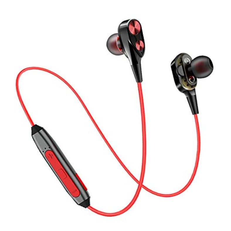 Ptron Bt Boom Dual Driver In-Ear Wireless Bluetooth Headphones With Mic – (Black And Red)
