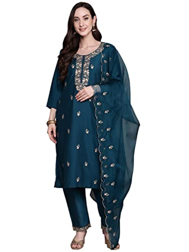 Ishin Women’S Silk Blend Teal Embroidered Straight Kurta Suit Set With Trousers & Dupatta