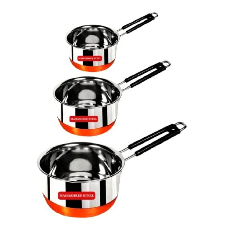 Mahashree Steel Combo Set Of 3 Stainless Steel Copper Bottom Sauce Pan/Milk Pan Pcs 22 Gauge Capacity:- 1, 1.5, 2 Liter Milk Pan 15.5 Cm, 17 Cm, 18.5 Cm Diameter (Copper Bottom, Combo Set Of 3)