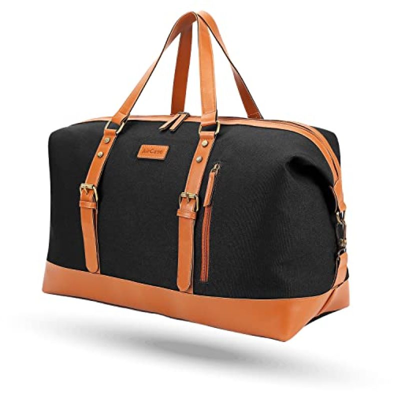 Aircase Canvas Designer Sling Duffle Bag With Pu Leather, Detachable Shoulder Strap, Easy To Clean & Durable Cabin Luggage Hand Bag For Travel/ Gym/ Business, For Men & Women, Black