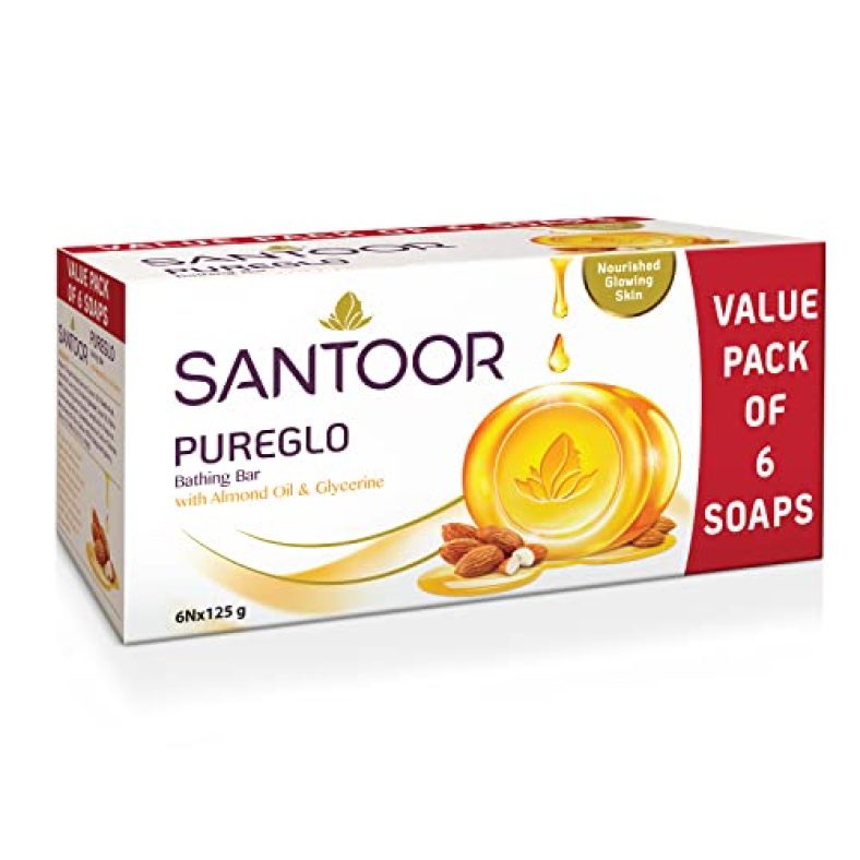 Santoor Pureglo Glycerine Bath Soap With Almond Oil For Moisturized, Nourished And Shining Skin, 125G (Pack Of 6)