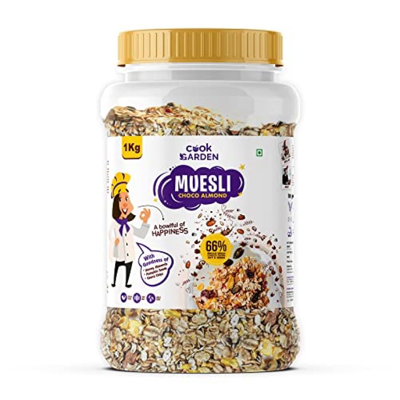 Cookgarden Dark Chocolate Almond Muesli 1Kg | Healthy Protein Food & Breakfast Cereal | Real Chocolate With Added Bran, Seeds, Honey, Dry Fruits | 100% Vegan & No Preservative