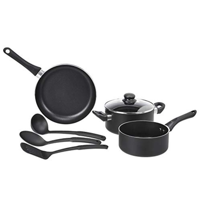 Amazon Basics 6 Piece Non-Stick Aluminium Cookware Set, Saucepan, Fry Pan (Without Induction Base), Black