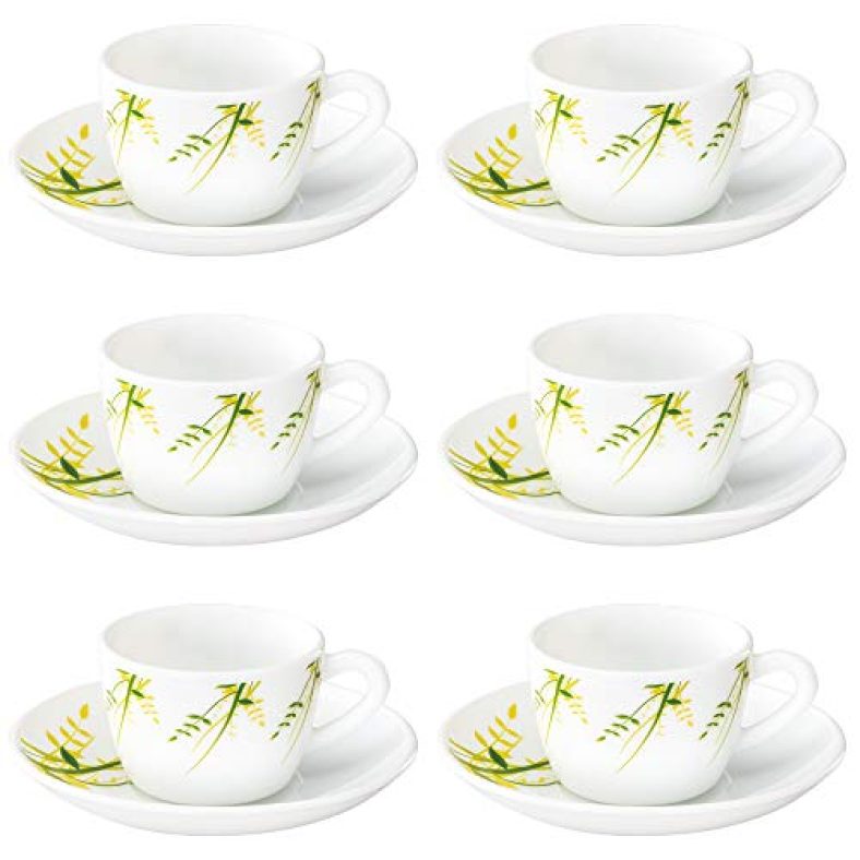 Larah By Borosil – Green Hub (Lh) Cup And Saucer Set, 145Ml, 12-Pieces, White, Opalware