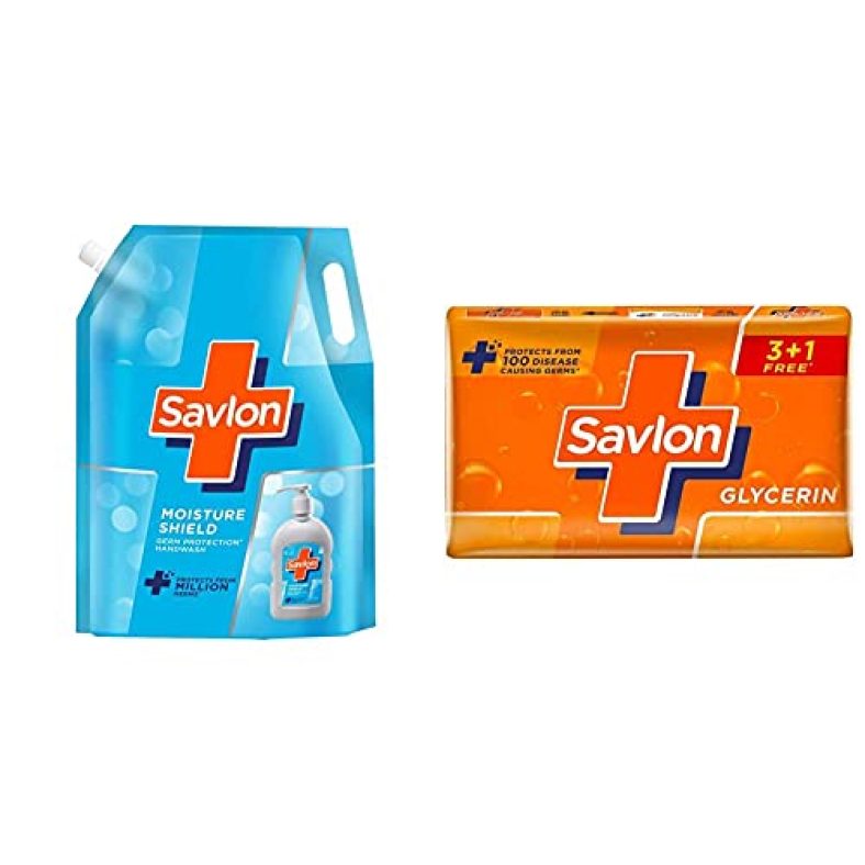 Savlon Moisture Shield Germ Protection Liquid Handwash Refill Pouch, 1500Ml & Glycerin Germ Protection Bathing Soap Bar, 125G (Buy 3*125G Get 1*125G Free)