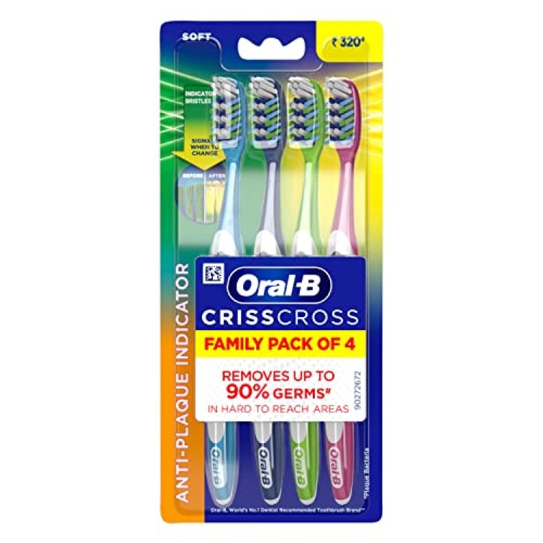 Oral B Criss Cross – Family Pack Of 4 Toothbrushes – Soft, For Adults,Manual,Multicolor