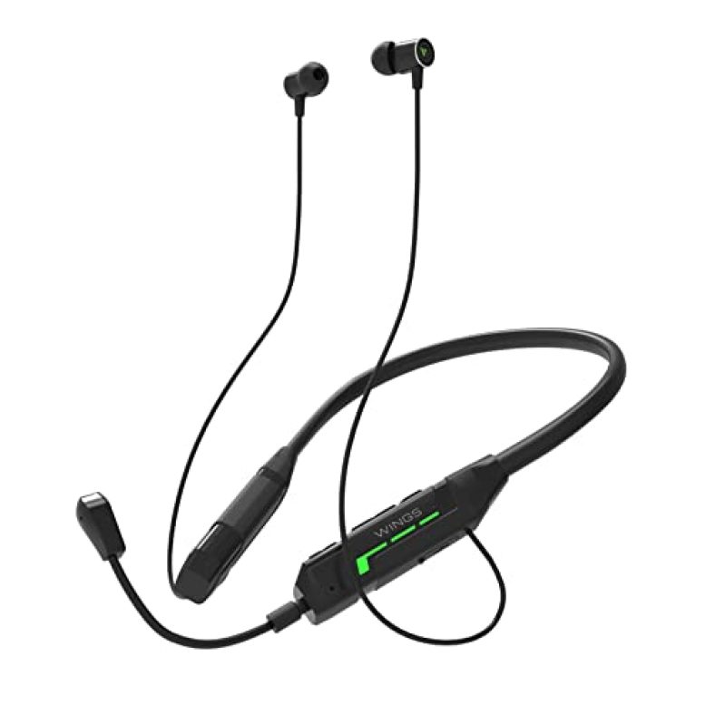 Wings Phantom1000 Gaming Neckband With Detachable Mic, 60 Hours Massive Playtime, 40Ms Low Lag, 5.2 Latest Bluetooth, 15M Radius Coverage, Flash Charging With Gaming Led Aesthetics