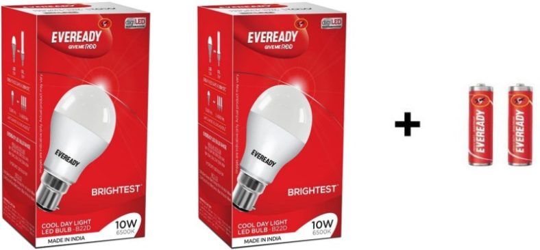 Eveready 10W Led Bulb Pack Of 2 With Free 2 Batteries(White, Pack Of 2)