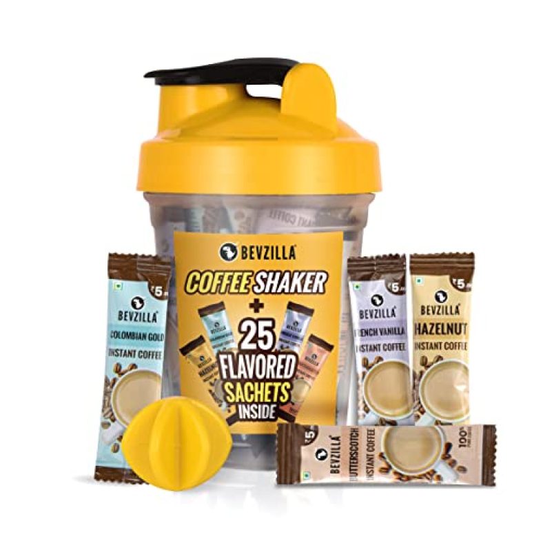 Bevzilla Instant Coffee Sachets & Shaker Pack With 25 Flavoured Coffee Sachets (2 Grams Each) And Bpa Free Shaker 500 Ml For Office, School, Gym, College, Makes Cold Coffee, Frappe, Cafe Shakes At Home | English Butterscotch, Colombian Gold, French Vanilla & Turkish Hazelnut Flavour | Protein Shaker| Cold Coffee Shaker| Leak Proof | Gym Shaker Bottle