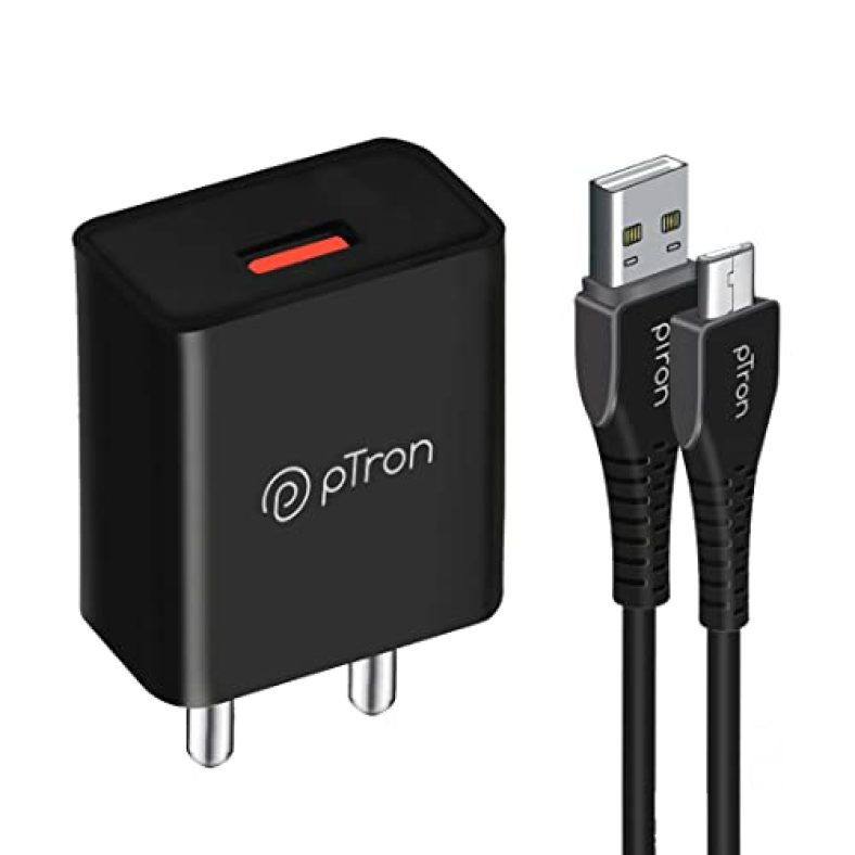 Ptron Volta 12W Single Port Usb Fast Charger, Bis Certified, Made In India Wall Charger Adapter, Universal Compatibility (1 M Micro Usb Cable Included, Black)