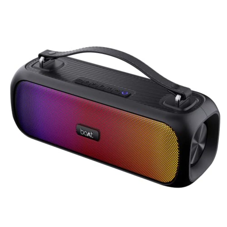 Boat Stone Symphony Portable Bluetooth Speaker With 20W Rms Stereo Sound, Party Leds, Tws Feature, Carry Strap, Multi-Compatibility Modes, Fm, Ipx5, Built-In Mic(Midnight Black)
