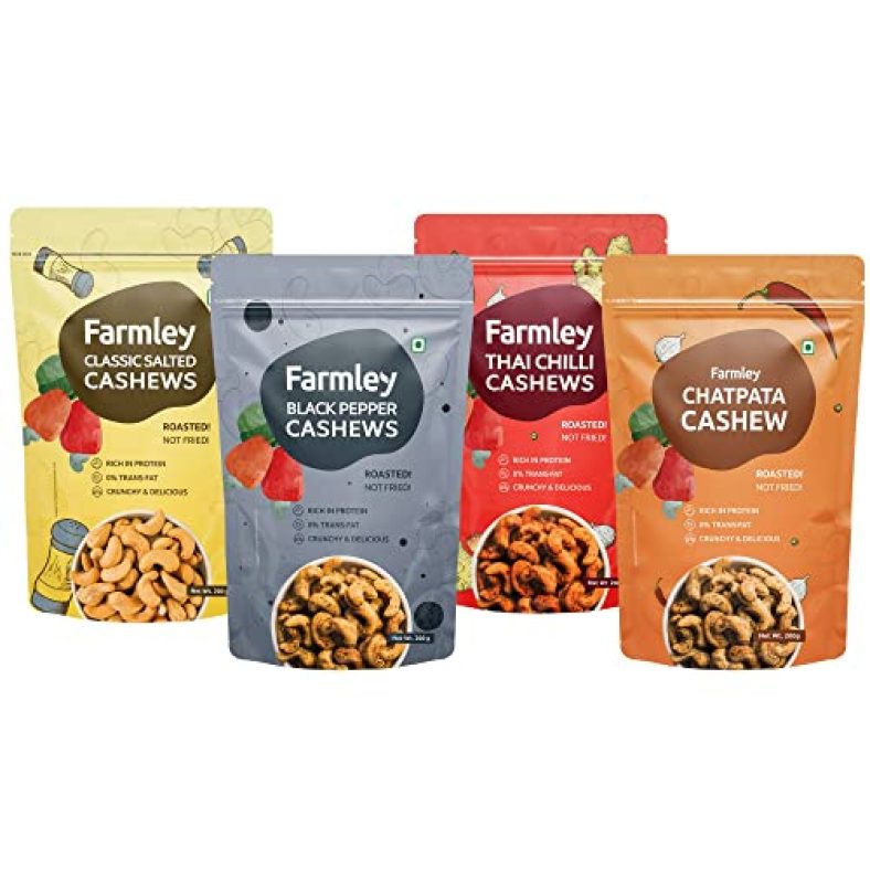 Farmley Roasted Cashew Nuts I 4 Roasted Kaju (Black Pepper, Thai Chilli, Chatpata Masala Cashews, Classic Salted) Combo 800G