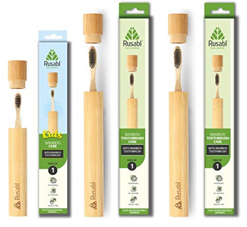 Rusabl Organic Bamboo Toothbrush With Bamboo Case For Adults & Kids, Travel-Friendly, Charcoal Activated Soft Bristles, Biodegradable & Anti-Bacterial, Eco-Friendly & Natural (Pack Of 3, 2 Adults & 1 Kid)