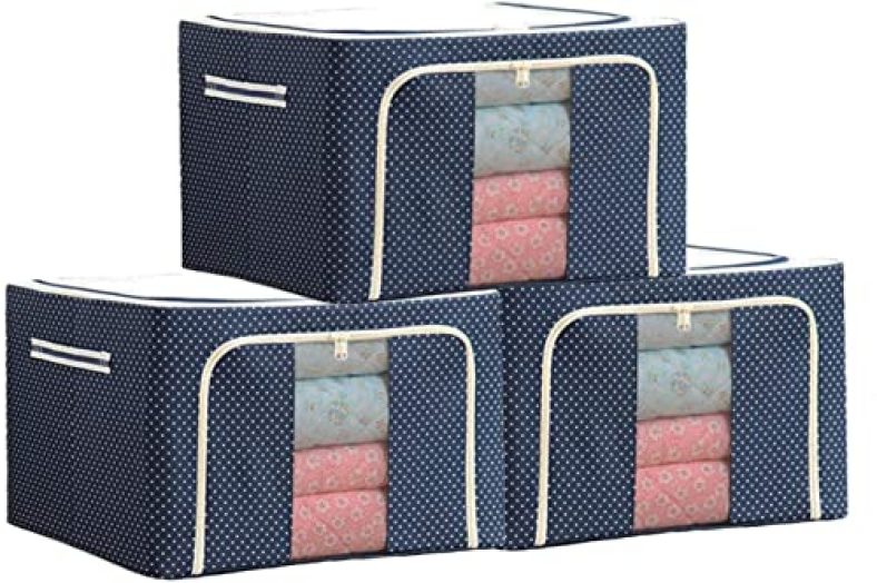 Deetto 66 Ltr Foldable Steel Frame Cloths Zip Organizer Bag And Oxford Fabric Storage Living Cover Boxes For Wardrobe Shelves Clothes, Sarees, Bed Sheet, Blanket (Pack Of 3) (Blue)