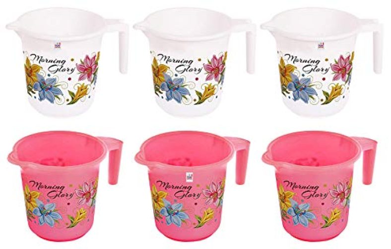 Fun Homes Floral Print 6 Pieces Unbreakable Strong Plastic Bathroom Mug,500 Ml (Pink & White)