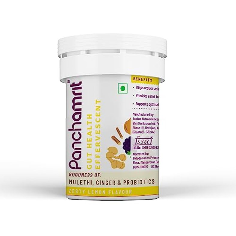 Panchamrit Gut Health Effervescent Tablets, 3 Unit | Helps Reduces Bloating & Acidity, Improves Digestion | With Ayurvedic Herbs Like Mulethi & Ginger | Probiotic Strain For Adults