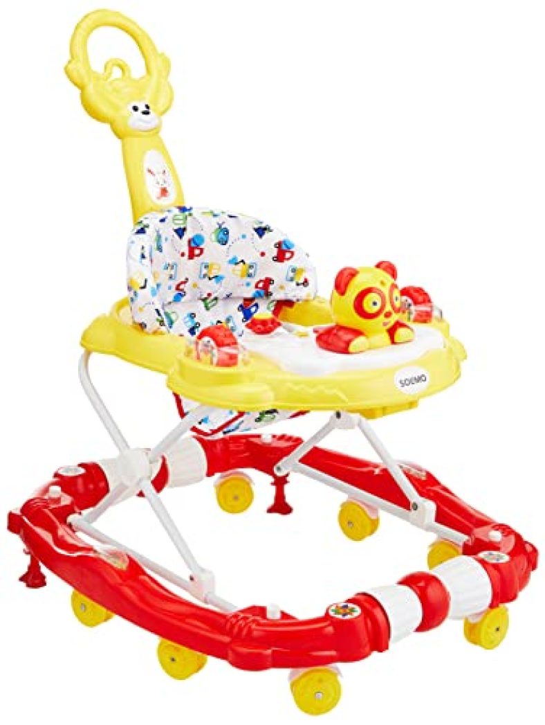 Amazon Brand – Solimo Walker Cum Rocker With Push Handle, Yellow And Red (Fabric Print May Vary)