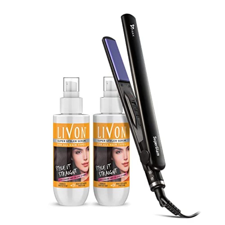 Livon Super Styler Serum For Women & Men For Hair Straightening |Straighter Hair Up To 12 Hours & 5X Less Breakage | With Heat Activated Proteins | 100 Ml (Pack Of 2) With Syska Hair Straightener