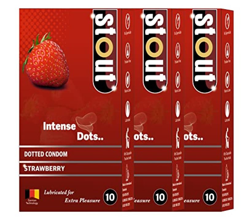 Stout Extra Dotted Strawberry Flavoured Condoms For Men|Extra Lubricated, Intense Dot For Extra Pleasure|- 10 Count |Pack Of 3
