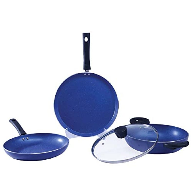 Wonderchef Valencia Non-Stick Cookware 4 Piece Set | Kadhai With Lid, Fry Pan, Dosa Tawa | Induction Friendly | Cool Touch Bakelite Handles | Pure Grade Aluminium| Pfoa Free| 2 Years Warranty | Blue