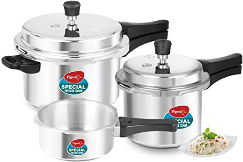 Pigeon By Stovekraft Aluminium Outer Lid Pressure Cooker Combo 2 Litre, 3 Litre, And 5 Litre, Induction Base – 12685 (Silver)