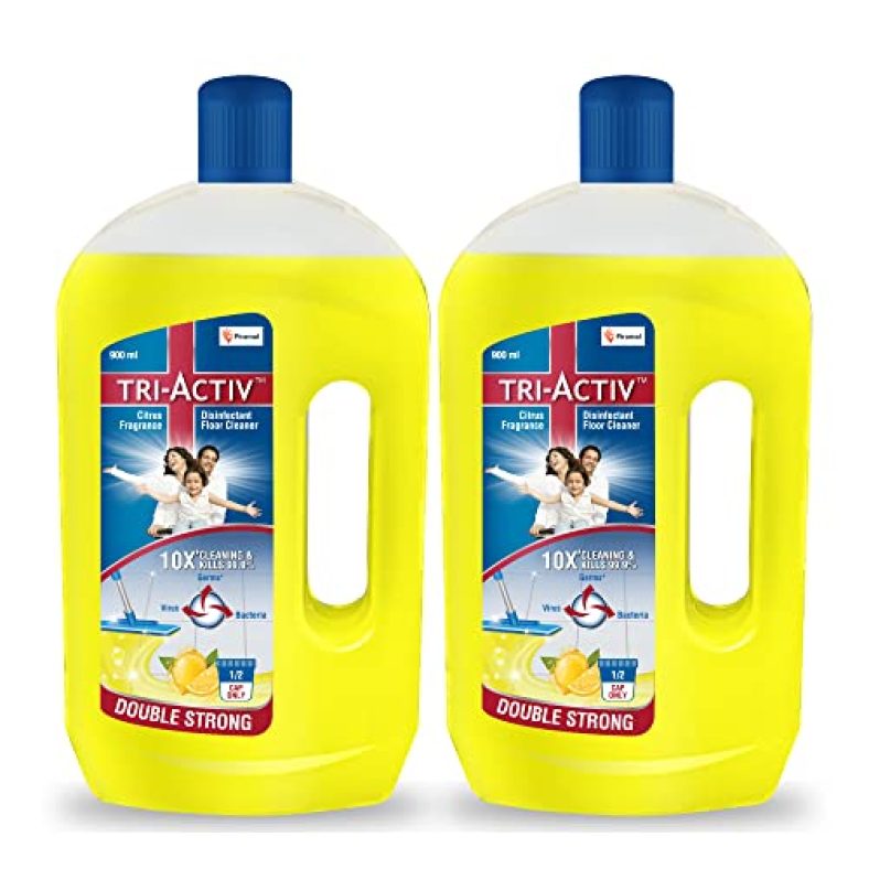Tri-Activ Double Strong Disinfectant Floor Cleaner | Half Cap Only | 10X Cleaning With 99.9% Germ Kill | Citrus Fragrance – Pack Of 2 (1000Ml X 2 Units)