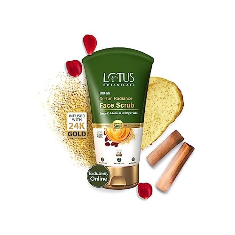 Lotus Botanicals Ubtan De-Tan Radiance Face Scrub | Infused With 24K Gold | For Gentle Exfoliation, Unclogs Pores, Glowing & Rejuvenated Skin, Anti-Tan | No Silicon, No Sulphates, Non-Comedogenic, No Preservatives | 100G