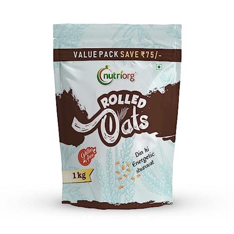 Nutriorg Rolled Oats 1Kg, | Premium Golden Rolled Oats, Gluten Free Oats With High Fibre, 100% Whole Grain, Non Gmo | Healthy Food With No Added Sugar | Diet Food For Weight Loss – 1Kg