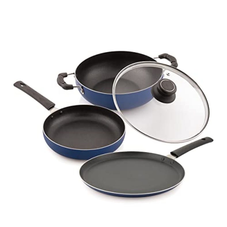 Attro Imperial 4Pcs Non Stick Combo Kitchen Induction And Gas Compatible Cookware Set Kadai, Fry Pan, Dosa Tawa & 1 Glass Lid- Indigo Blue Matt