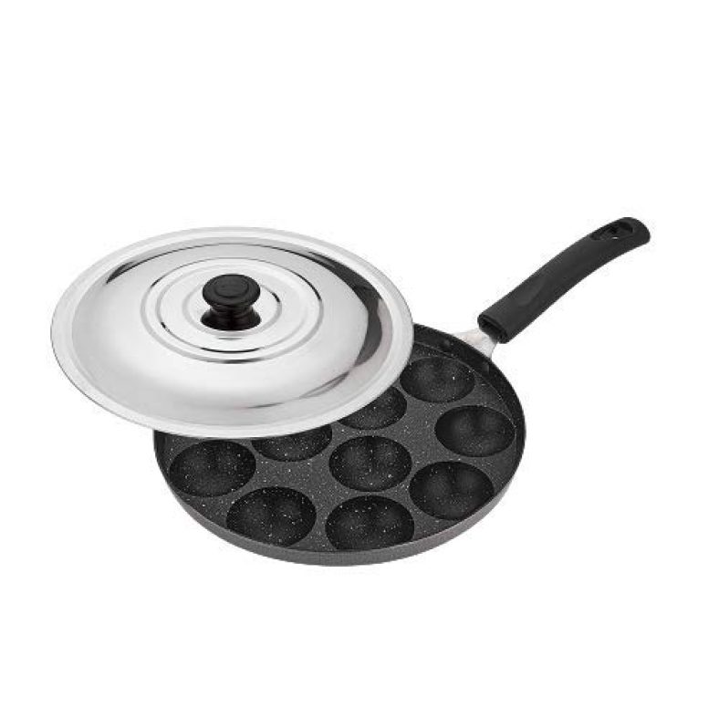 Attro Aluminium Non-Stick Heavy Duty 12 Cavity Appam Patra Paniyarakkal One Side Handle With Steel Lid And Wooden Picker, Spatter Finish, (Marble Grey, Standard) Atr-Apm-12-One-Hn-Dl