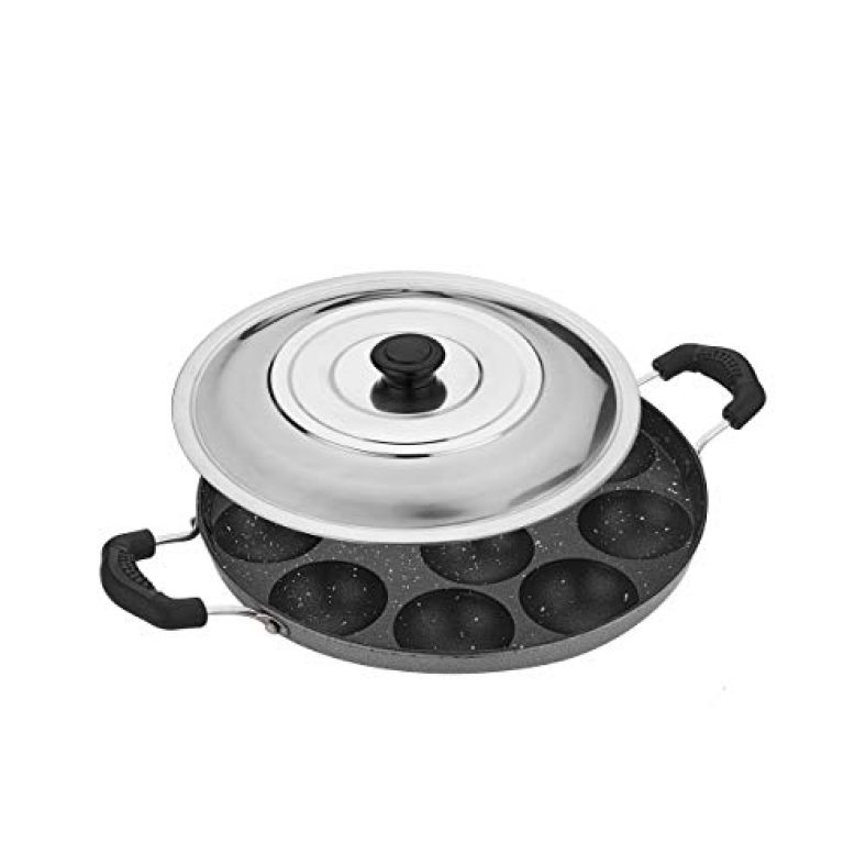 Attro Non-Stick Heavy Duty 12 Cavity Appam Patra Paniyarakkal Two Side Handle With Steel Lid & Wooden Picker (Marble Grey), Spatter Finish,Aluminium