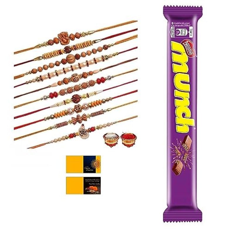 Rajkriti Multicolor Combo Of 10 Dora Rakhi Set For Brother, Bhaiya, Bhabhi For Rakhi/Rakshabandhan With Roli Chawal,Chocolate & Greeting Card | Premium Rakhi Chocolate Hamper