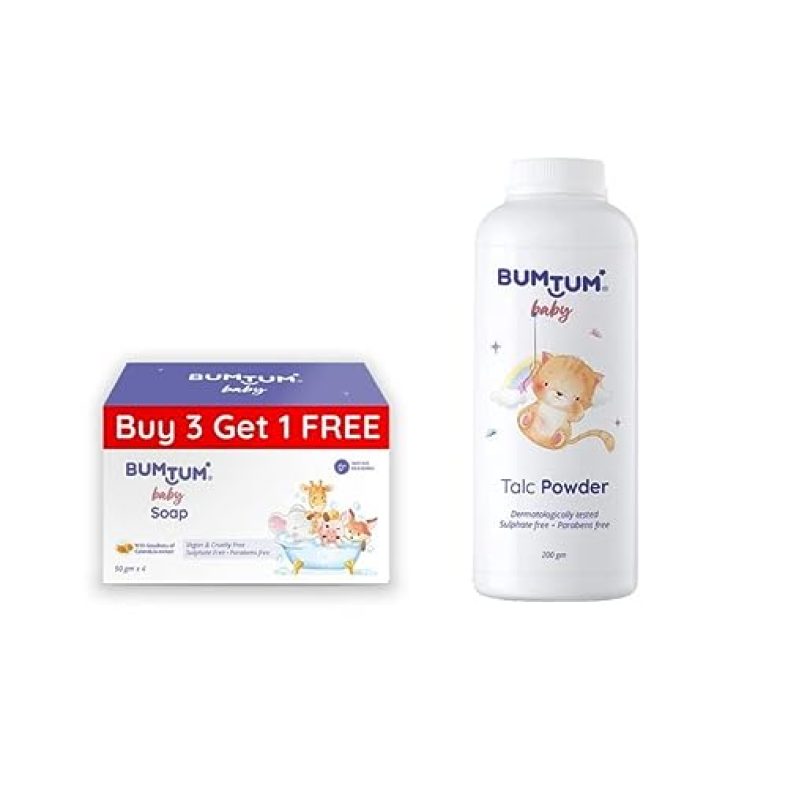 Bumtum Paraben Free Baby Soap (4N X 50 Gram) & Baby Talc Powder (200 Gram) Combo