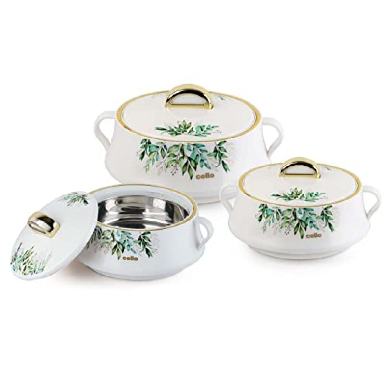Cello Midas Casserole Gift Set With Inner Steel, 3Pc(500Ml, 1000Ml, 1500Ml), White, Standard, (Clo_Midas_3Pc_Wht)
