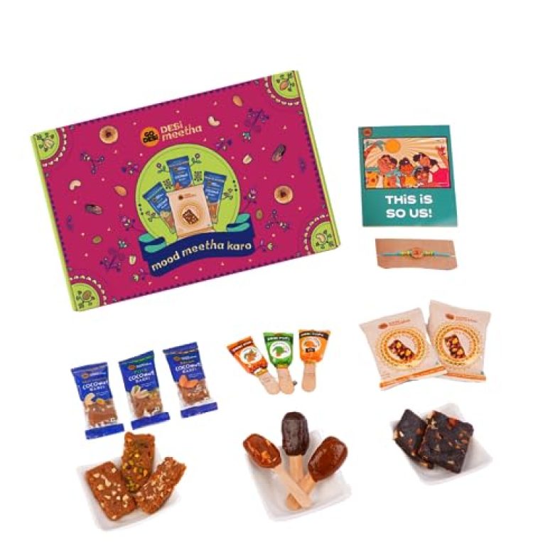 Go Desi Mood Meetha Karo Rakhi Gift Hamper Box | Rakhi Gift For Brother Sister | 18 Assorted Coconut Barfis | 2 Dry Fruit Barfis | 9 Assorted Popz | Raksha Bandhan Box